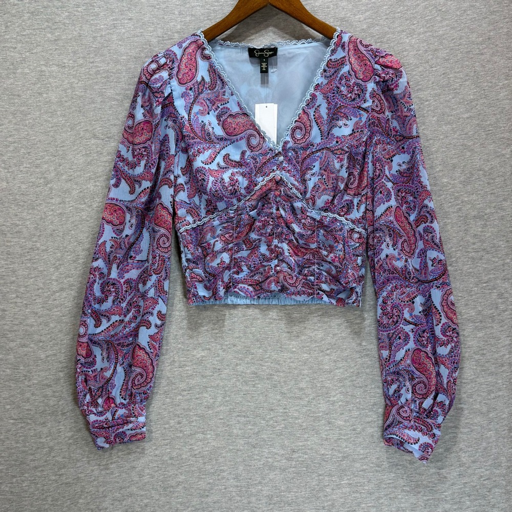 Jessica Simpson Laira Paisley Top Womens Small Blue Boho Ruched Whimsigoth